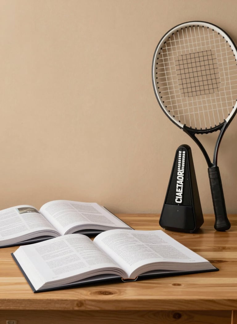 A minimalist North American student desk setup featuring open textbooks, a piano metronome, and a tennis racquet leaning against a soft tan wall, reflecting a balanced and disciplined lifestyle.