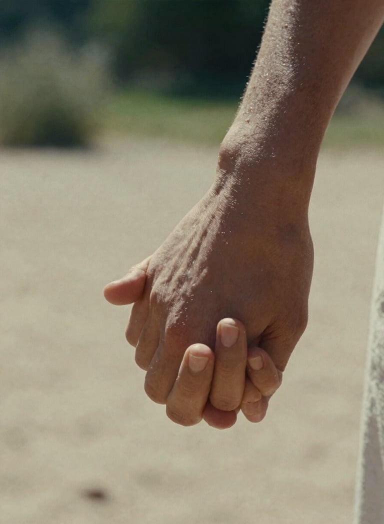 Close-up photography of two hands intertwined, sunlight catching the skin. Cinematic film style with a shallow depth of field. Soft sand and warm skin tones, set in a European / French garden. Storytelling focus on intimacy.