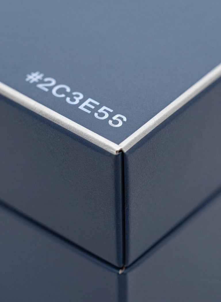 A macro photograph showing the corner of a luxury perfume box. The packaging features a matte finish in #2C3E50 with a silver-blue #8D9FB5 foil stamp. Clean geometric lines and meticulous craftsmanship visible in the sharp paper folds. High-end, forward-thinking aesthetic.