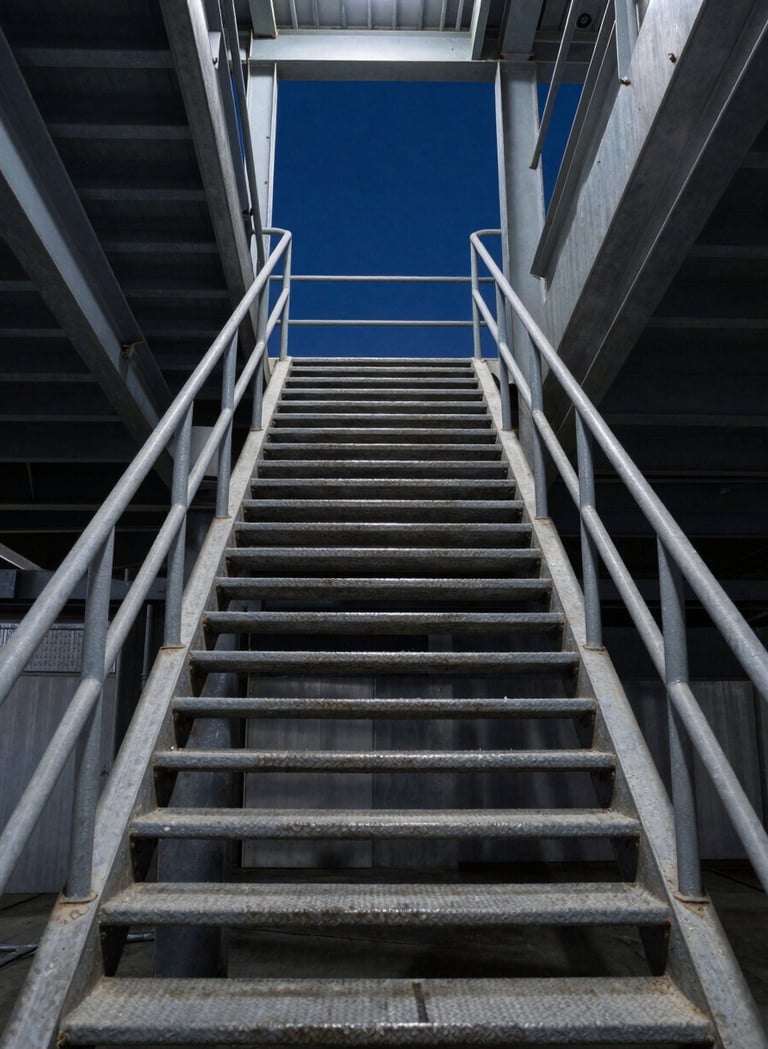 A vertical shot looking up through an industrial stairwell. The steps create a repetitive pattern of dusty grey-blue metal against a midnight blue sky seen through a skylight. The composition is highly symmetrical and professional.