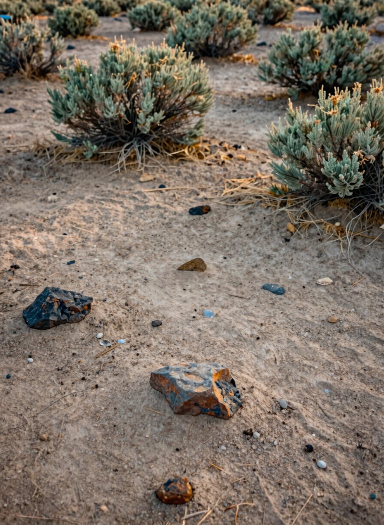 A detailed texture shot of high-desert soil, scattered rocks, and native sagebrush in Northeast Nevada. Low-angle photography capturing the rugged ground surface under warm, golden afternoon light. Colors include sand beige and muted olive green.