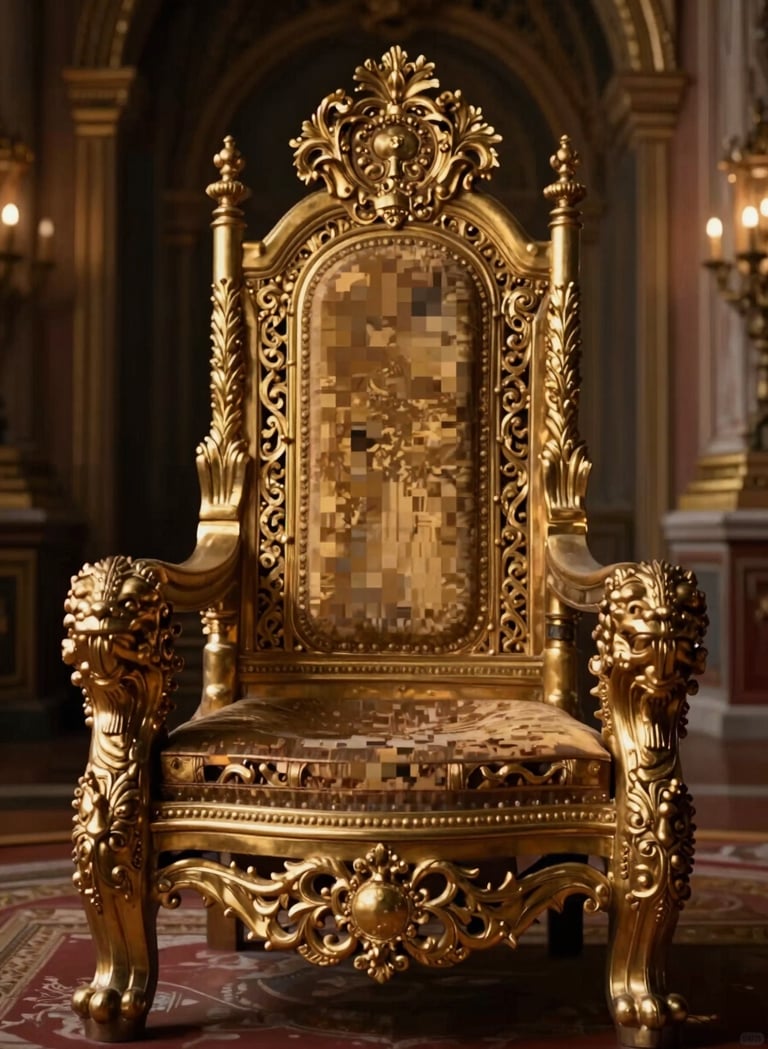 A detailed close-up shot of an ornate golden throne with intricate carvings, set in a dimly lit palace room. The palette uses #A88B57 and #1A1C20 to create a sense of expensive, historic power and artistic gravitas.