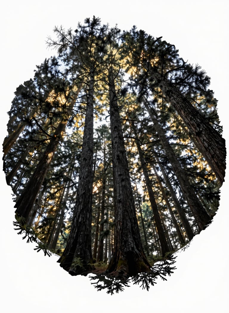 A distorted 360-degree photography shot of an Oregon forest, charcoal slate tree trunks, sunlight filtering through the canopy with warm cream highlights, a slightly imperfect and raw composition.