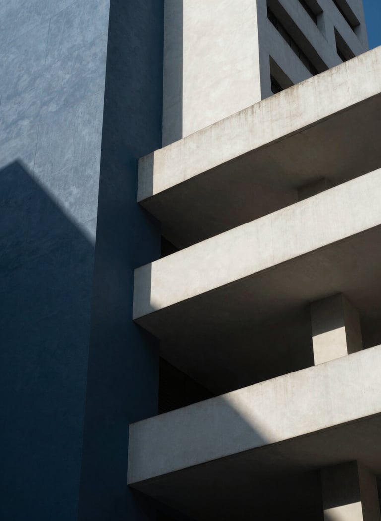 Close-up detail of a modern architectural structure in a Latin American / Hispanic city, focusing on the geometry and shadows, using a palette of deep slate blue and off-white, dramatic professional photography.