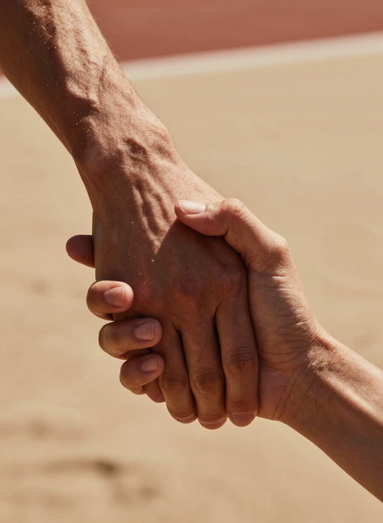 Macro photography of two hands interlocked, capturing a moment of support and connection. The lighting is warm and cinematic, set against a soft sand-colored background with hints of terracotta. Professional European lifestyle aesthetic.