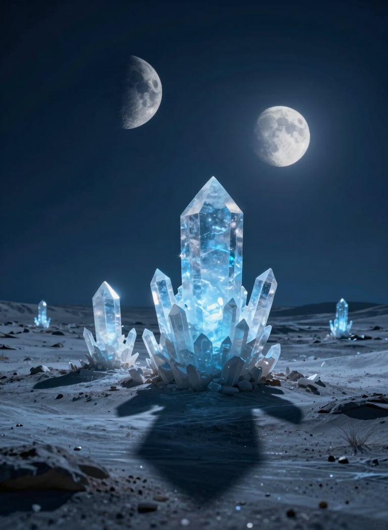 Wide-angle landscape of a desolate alien world under a dual-moon sky, featuring glowing crystalline structures and long shadows. The color palette incorporates deep navy (#1A202C) and soft ice blue (#A7BCCB), cinematic lighting, high-fidelity render.