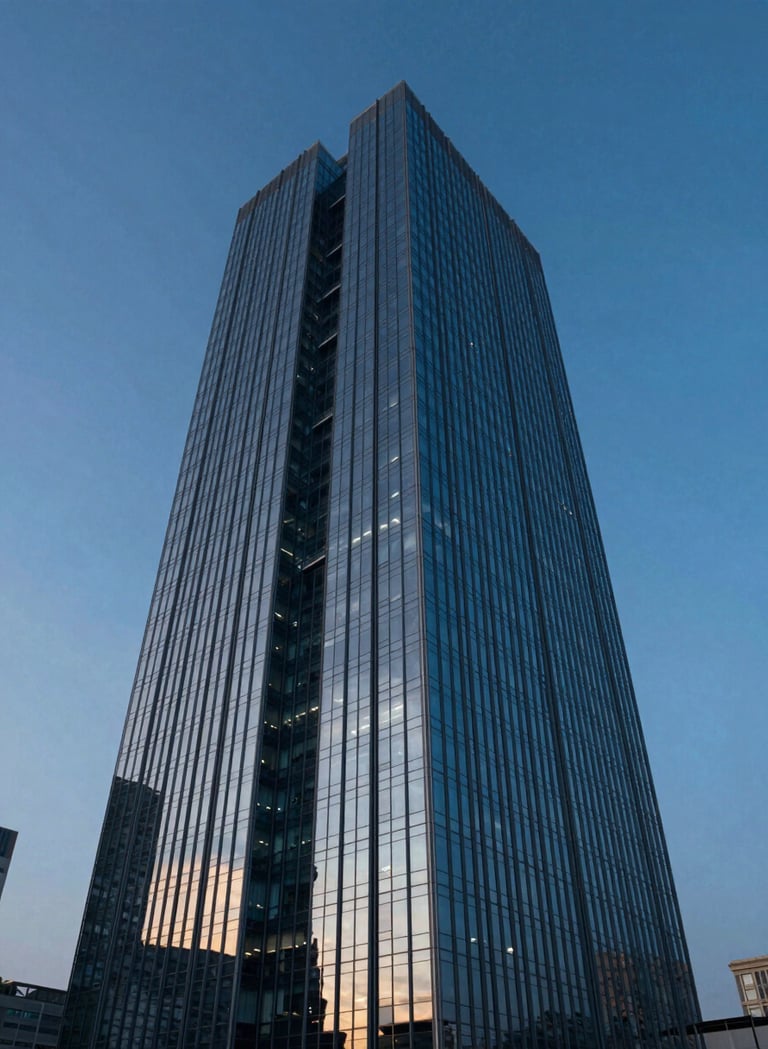 Cinematic low-angle drone shot of a modern glass skyscraper reflecting a deep blue twilight sky. Sharp lines, high contrast, featuring #1B263B shadows and #A0B0C0 highlights. Professional architectural photography style.
