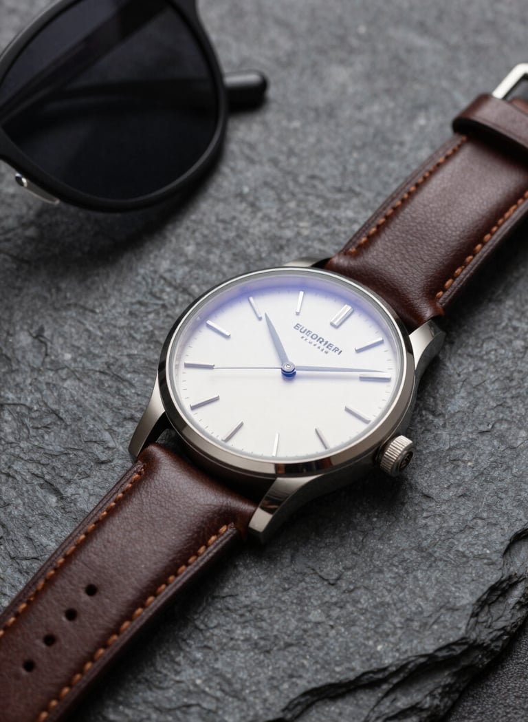Close-up detail shot of luxury accessories including a leather watch and sunglasses on a dark charcoal textured stone surface. Professional product lighting, emphasizing quality. Colors include dark brown and off-white.