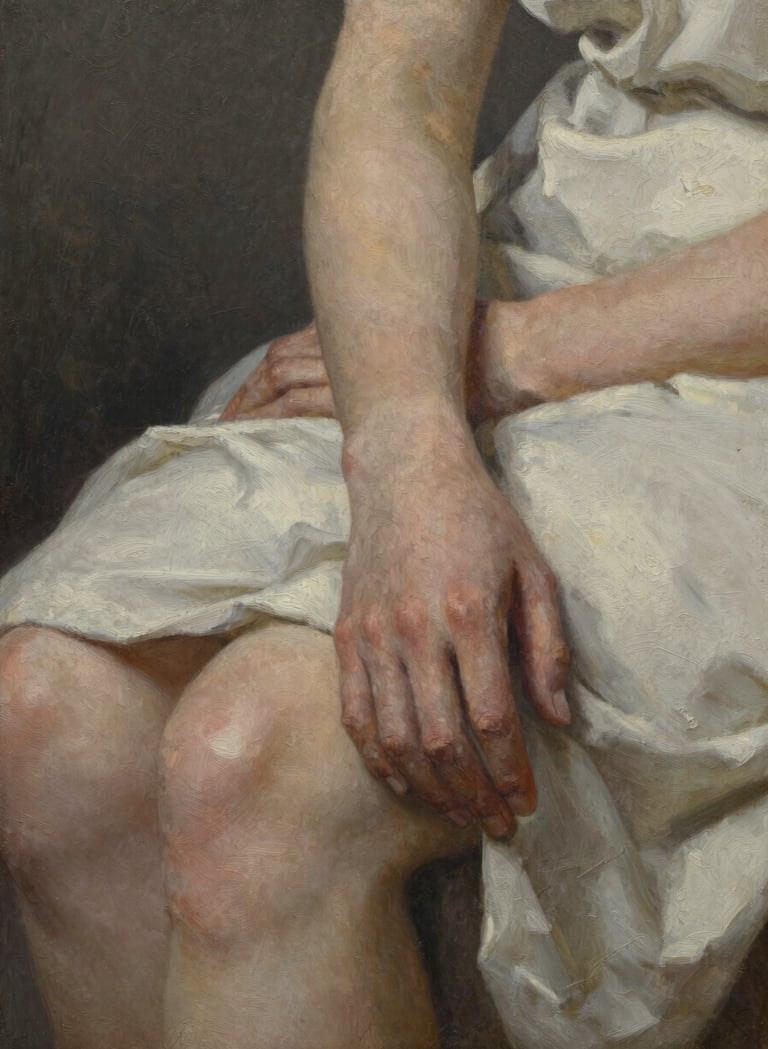 A detail shot of the seated figure's hand from the previous oil painting. The composition is tight, showing the intricate blending of muted taupe and off-white to create realistic skin tones against a dark charcoal background. The texture of the oil paint adds a physical depth to the image.