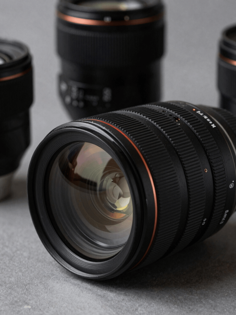 Close-up photography of professional camera lenses and equipment on a minimalist set. Dark gray and black tones, professional lighting that highlights the glass textures. South American / Brazilian production context, modern and technical feel.