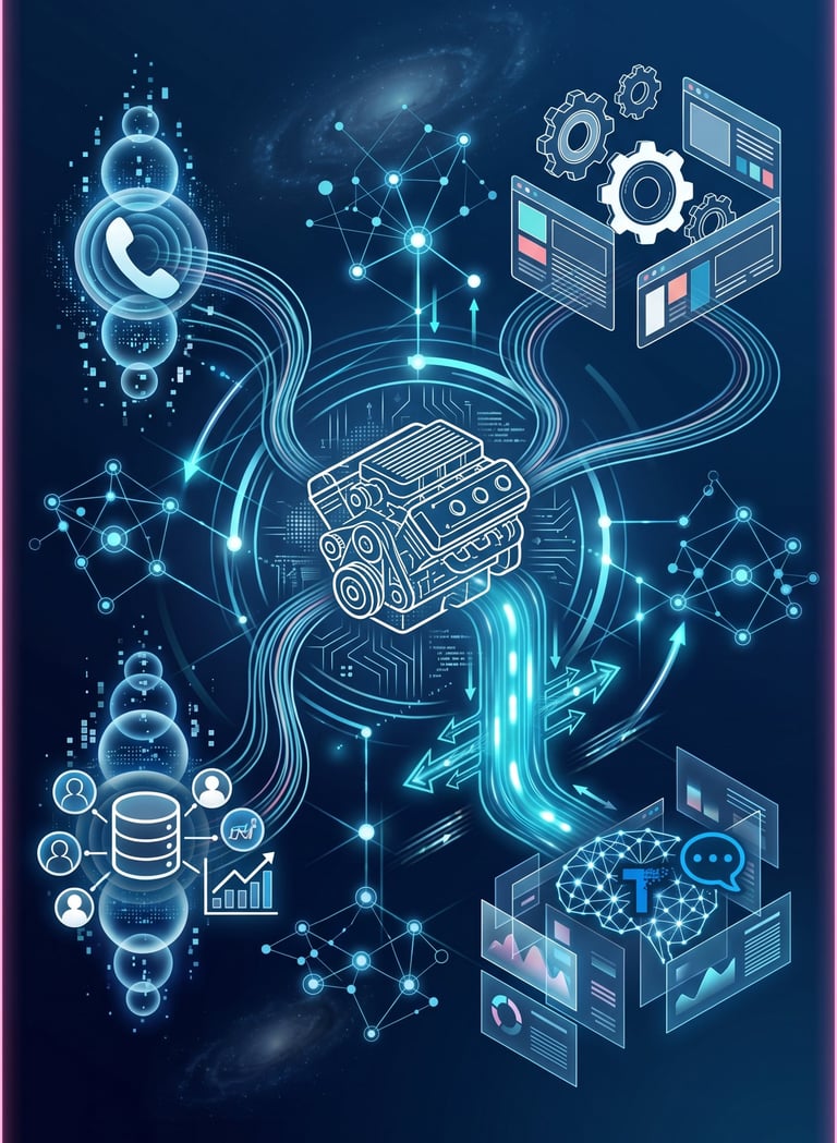 A connected ecosystem graphic showing workshop software at the centre, linked to VoIP systems, white