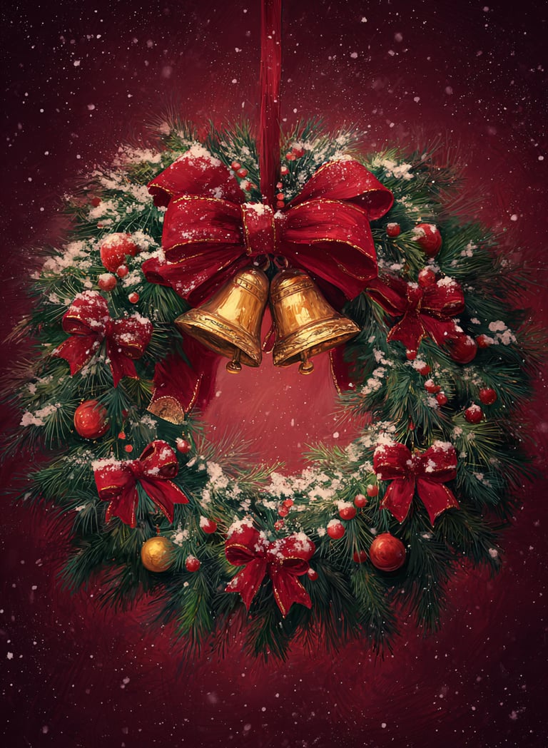 Couronne de Noël ou de Yule avec du sapin des noeuds rouges et des cloches de sorcières