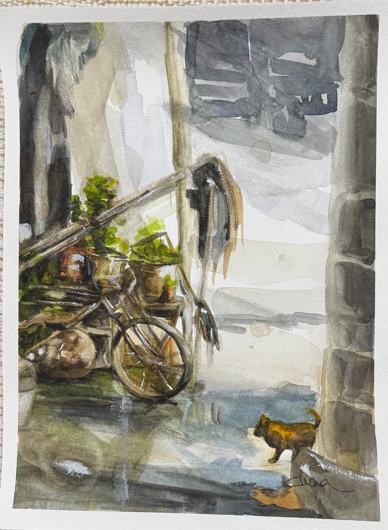 a painting of a bicycle parked inside of a garage