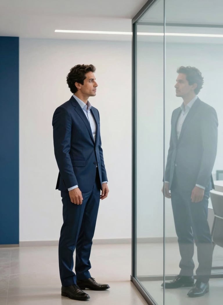 A professional man in his 40s with a modern, clean-cut look, wearing a tailored navy suit, standing in a minimalist South American / Brazilian office corridor. He is looking at his reflection in a glass partition. The aesthetic is contemporary and sophisticated with cloud white and slate blue accents.