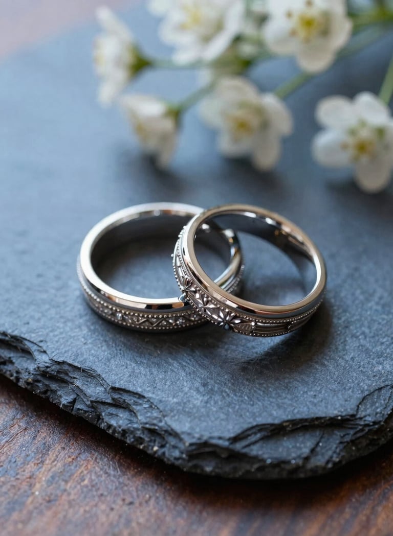 A detailed close-up of luxury wedding rings resting on a piece of slate blue fabric, surrounded by delicate white flowers. The lighting is soft and warm, highlighting the intricate details of the jewelry.