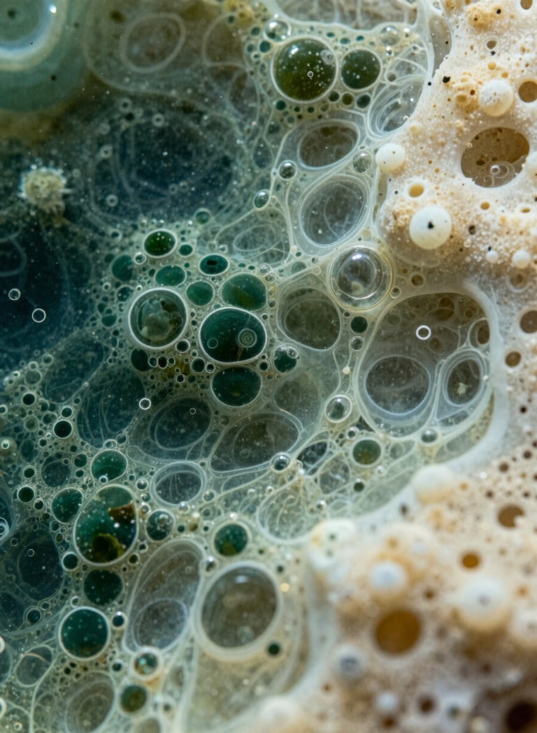 A macro photograph showing the intricate cells and bubbles formed within the resin. The colors transition from a deep forest green to a soft parchment white, creating a sense of ethereal movement and microscopic marine beauty.