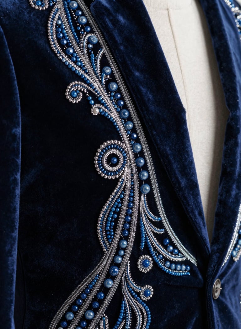 A detailed close-up photography of high-fashion garment textures in North American / US. Deep navy velvet is interlaced with silver metallic threads and intricate dusty blue beadwork. The lighting is sharp, highlighting the professional craftsmanship and high-end materials.