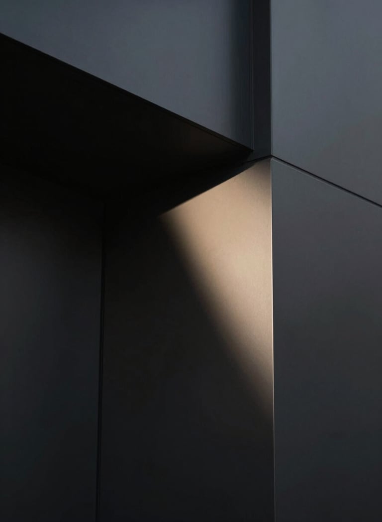 A sophisticated, minimalist architectural detail shot. Sharp geometric angles and deep shadows created by harsh lighting. The palette features deep blacks (#000000) and subtle sand-colored highlights (#B5A591) on a smooth surface. Clean, modern composition.
