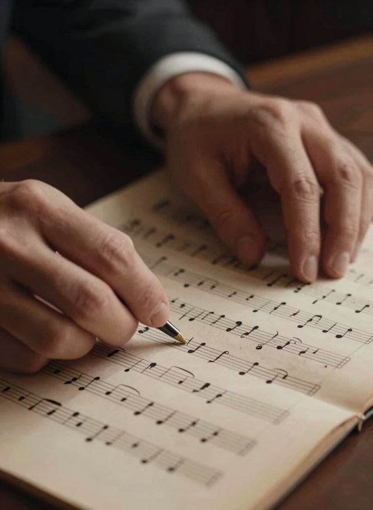 A close-up, artistic shot of a tenor's hands resting on a vintage musical score. The lighting is warm and soft, highlighting the texture of the aged paper. The color palette includes rich Borgona #6B242D tones in the shadows and Sabbia #DDCBC0 in the highlights.