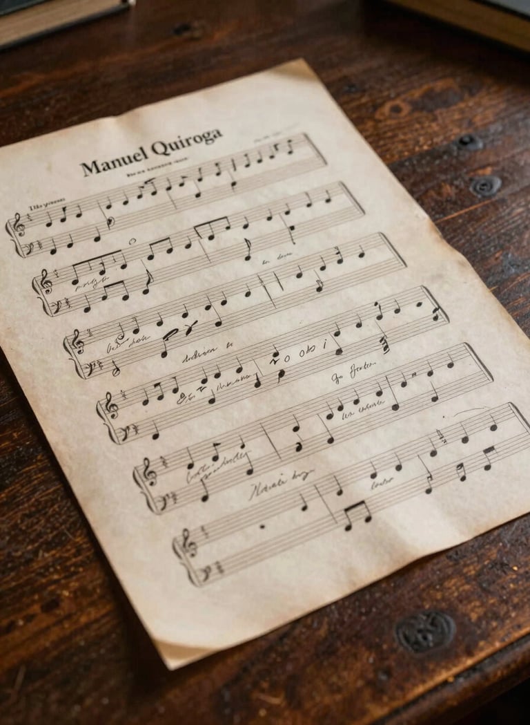 Historical sheet music with handwritten annotations by Manuel Quiroga, lying on a dark wooden table in a Southern European / Spanish library. The lighting is soft and focused, emphasizing the aged soft off-white paper and deep charcoal ink.