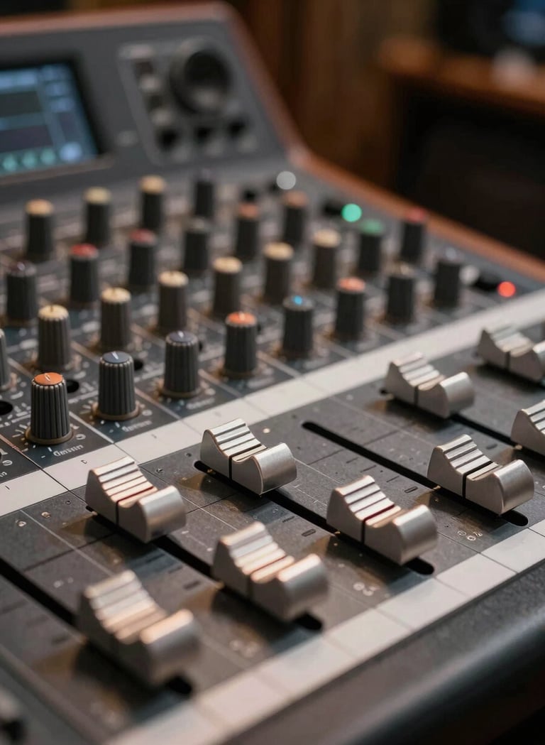 Detailed photograph of a high-end music mixing console in a professional studio. The silver faders are set at different levels, reflecting warm sand-colored lights. The background is softly blurred in shades of dark cocoa brown.