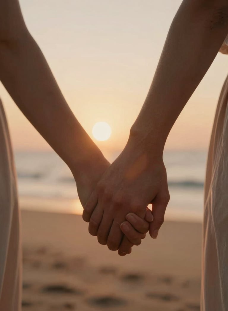 Close-up cinematic shot of a couple's hands holding, warm sunset light flare, Iberian setting. The focus is on the emotional connection and the texture of skin. Warm sand and terracotta color palette.