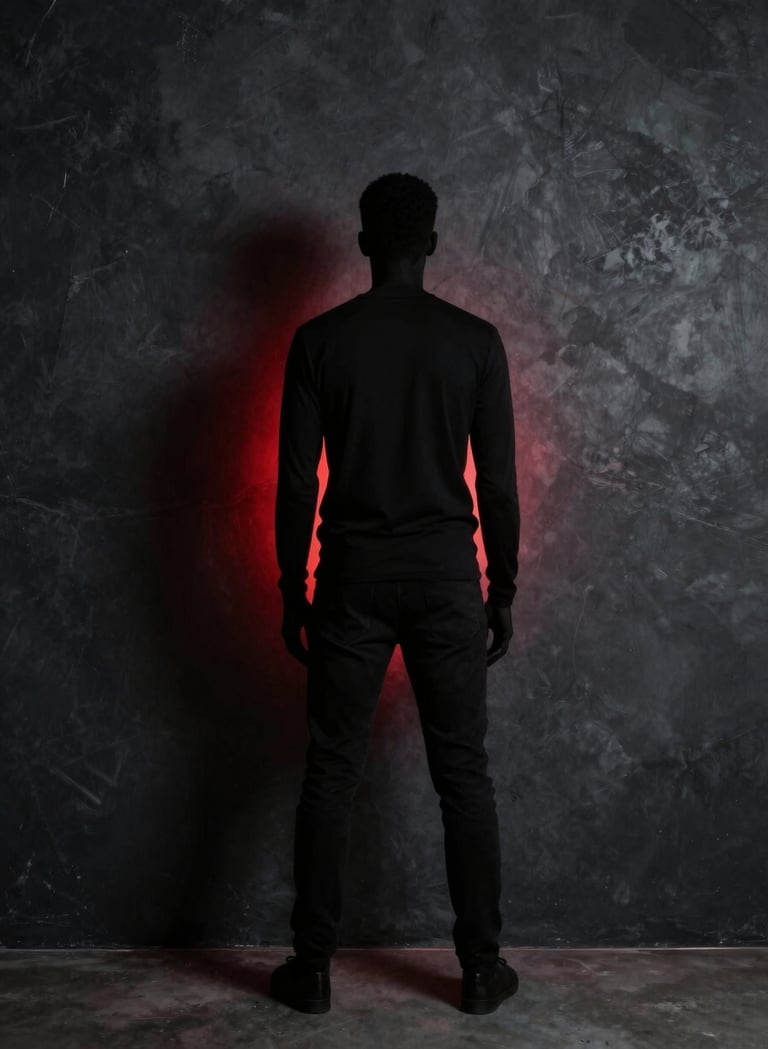 Artistic full-body silhouette of a person standing against a dark charcoal wall in a North American studio, subtle red neon light outlining the shape, minimalist composition, professional fashion photography.