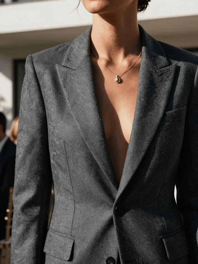 A sophisticated close-up of a guest at a high-end birthday celebration in a modern Spanish villa. Dramatic lighting casting deep shadows, elegant attire, slate grey and gold tones in the background, refined atmosphere.