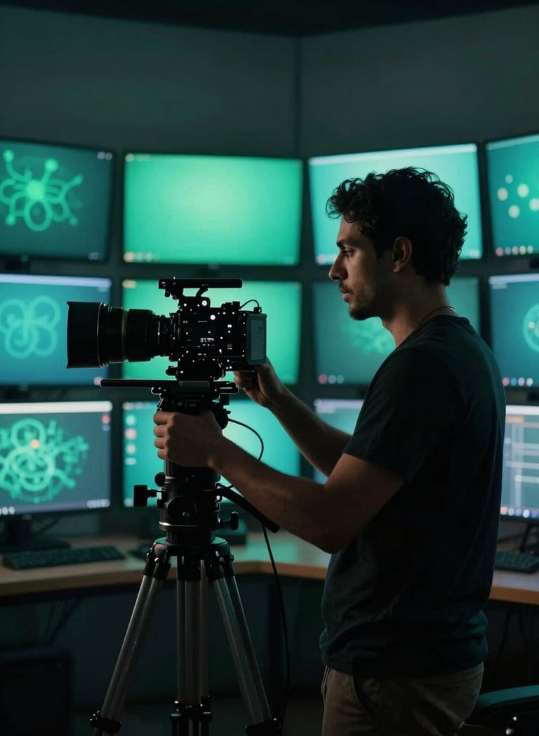 A professional filmmaker in a modern South American / Brazilian studio, silhouetted against a wall of monitors. The scene is lit with deep sea green and dark slate teal tones, highlighting the technical expertise and artistic focus.