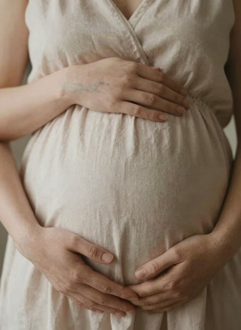 An intimate close-up shot of two sets of hands resting on a pregnant belly. The lighting is soft and natural, emphasizing the texture of the skin and the soft fabric of a dress. Warm, inviting atmosphere with cinematic depth of field.