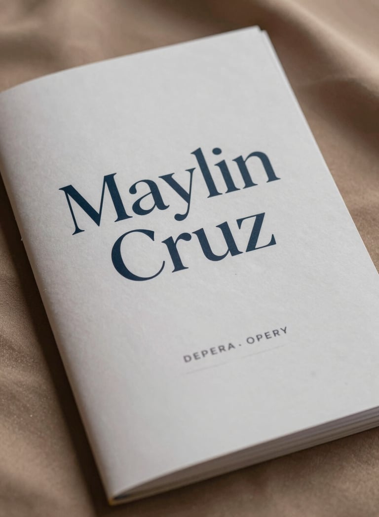 A refined, close-up photograph of an opera program featuring Maylin Cruz's name in elegant typography. The lighting is soft and warm, highlighting the texture of the paper against a background of #2B2D42 and #8D6A6A silks. The composition is artistic and professional.