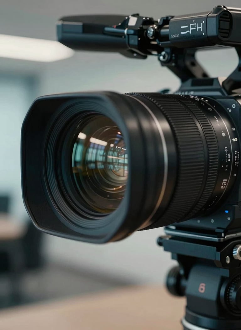 Close-up photography of a professional video camera lens reflecting the lights of a modern office in São Paulo, sharp focus, cinematic lighting, with deep blue and soft grey tones from the palette.