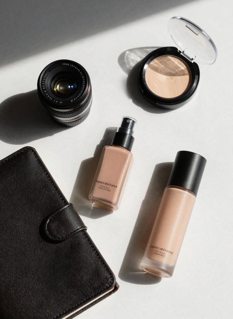 A flat lay of beauty products and a travel journal on a pearl white surface, with dark charcoal shadows adding depth and a modern contrast.