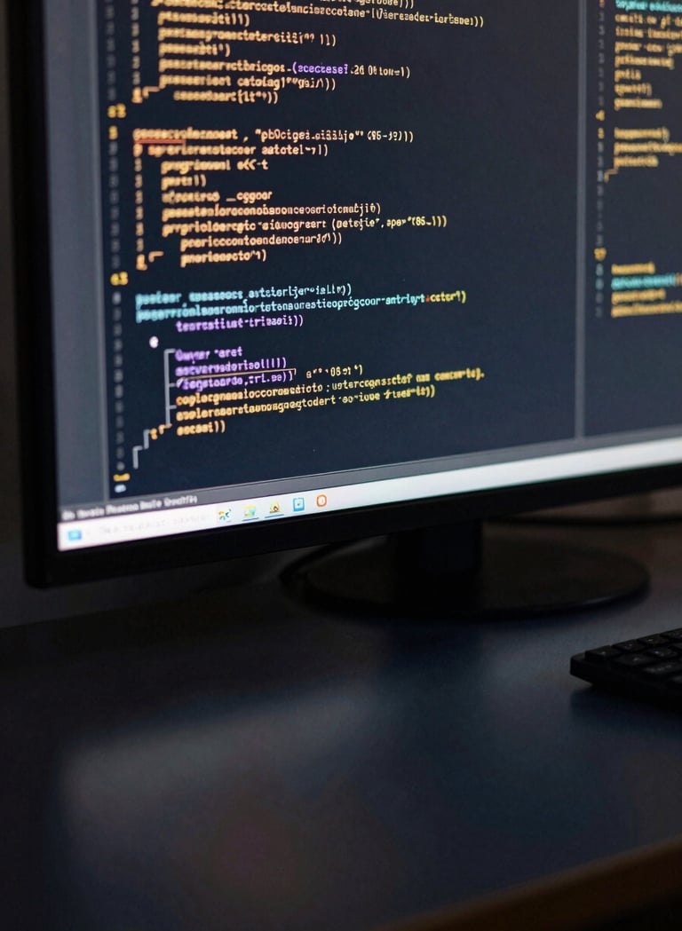 Close-up of a high-resolution digital screen in a dark room. The screen displays layers of code in a muted gold color, reflecting softly off a polished dark navy desk surface. The composition is clean and intellectual.