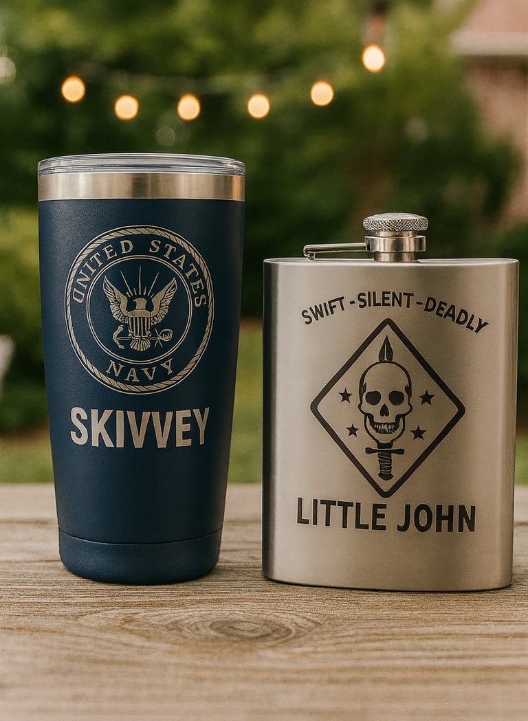 custom laser engraved tumbles and flasks.
