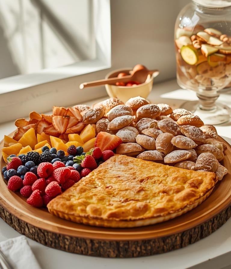 Valentine’s brunch serving area with platters of food, glass drink dispensers, and warm, inviting ta