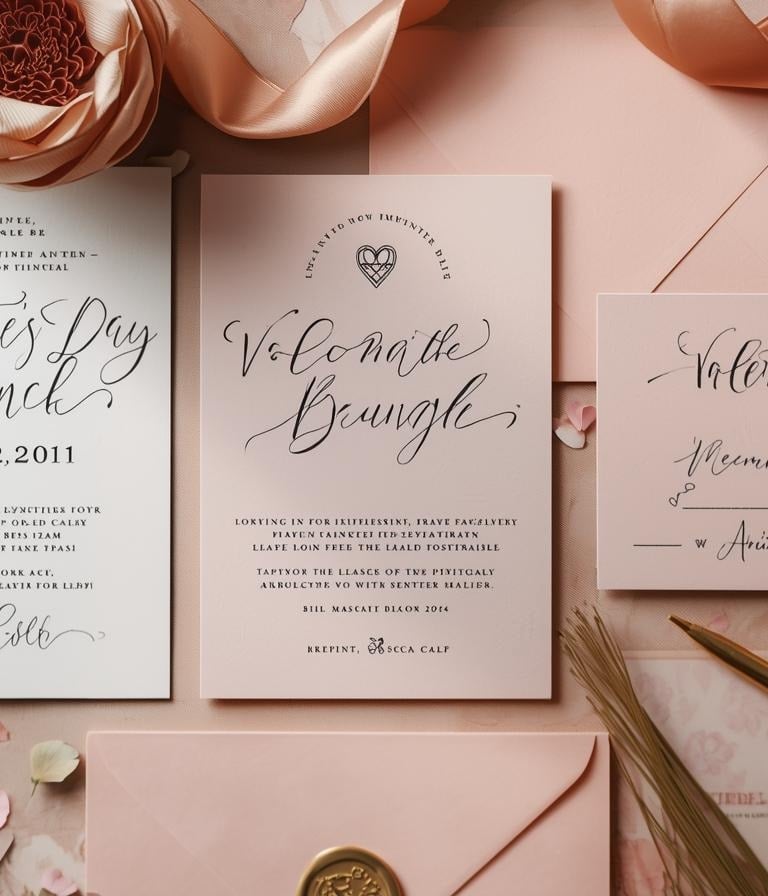 Flat lay of handwritten Valentine’s brunch invitations with pink envelopes, ribbon, and dried flower