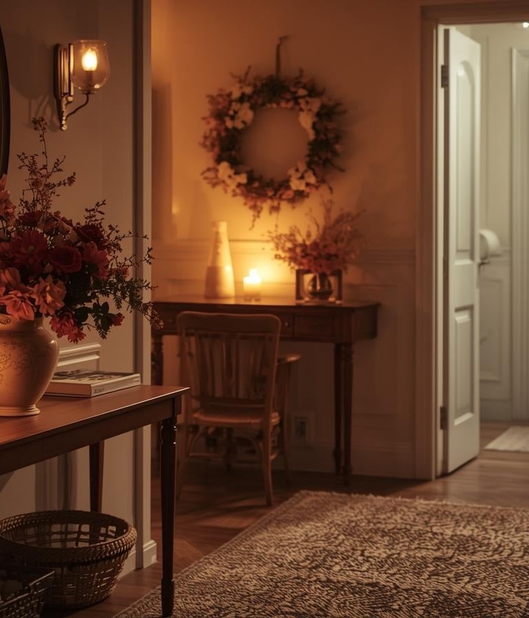 Valentine’s entryway with flowers, candle, and heart-shaped wreath.