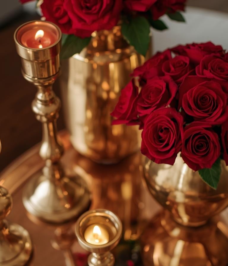 Gold candle holders and copper accents add Valentine’s sparkle to décor.