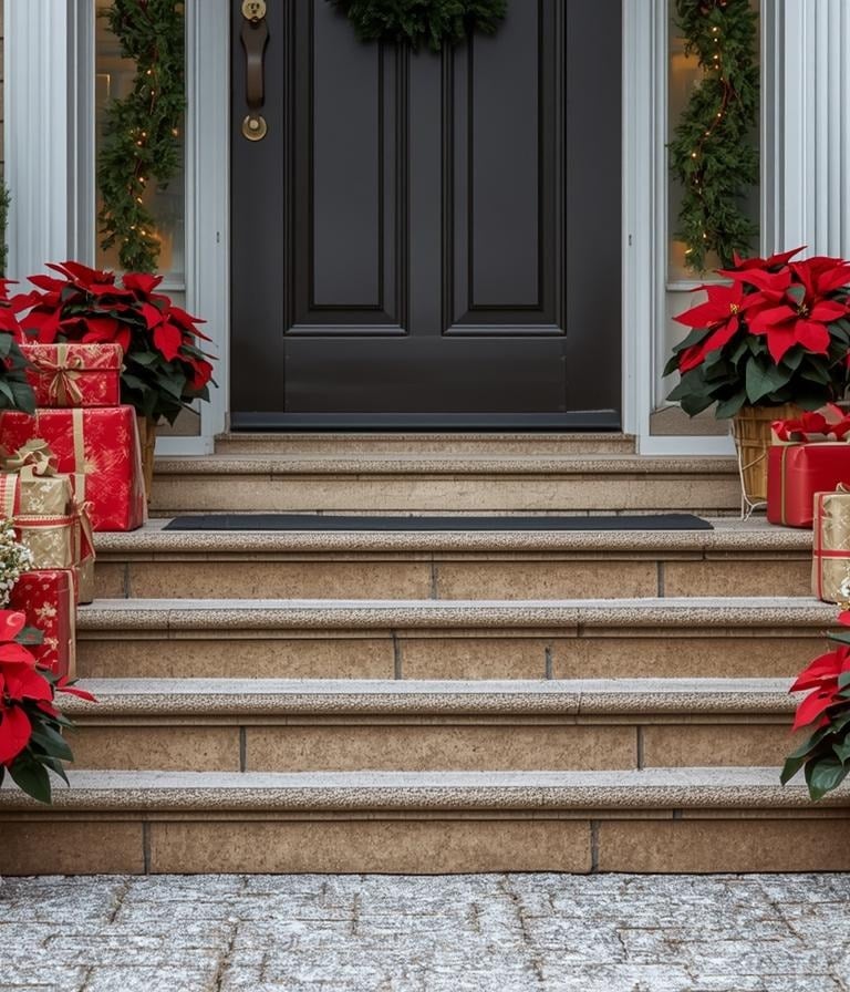 Front porch steps with gift boxes, poinsettias, and fairy lights.