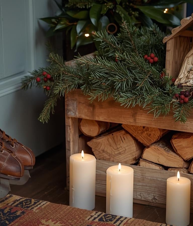 Christmas porch with vintage skates, logs, and nativity under soft candlelight.