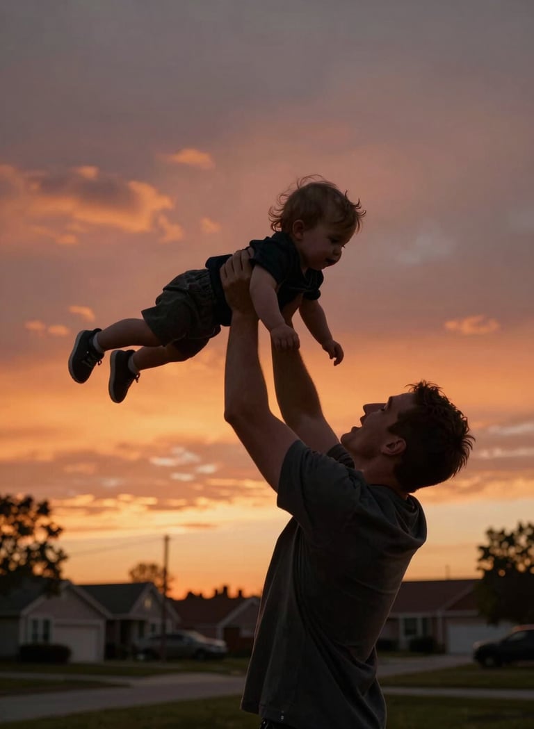 A father lifting a toddler high in the air against a sunset sky in a North American / US suburban park. High contrast silhouettes with warm terracotta orange glow around the edges, cinematic and nostalgic feel.