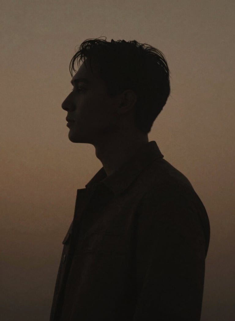 Cinematic photography of a human silhouette against a muted bronze light. Minimalist composition with soft charcoal shadows and a sophisticated, intimate mood.