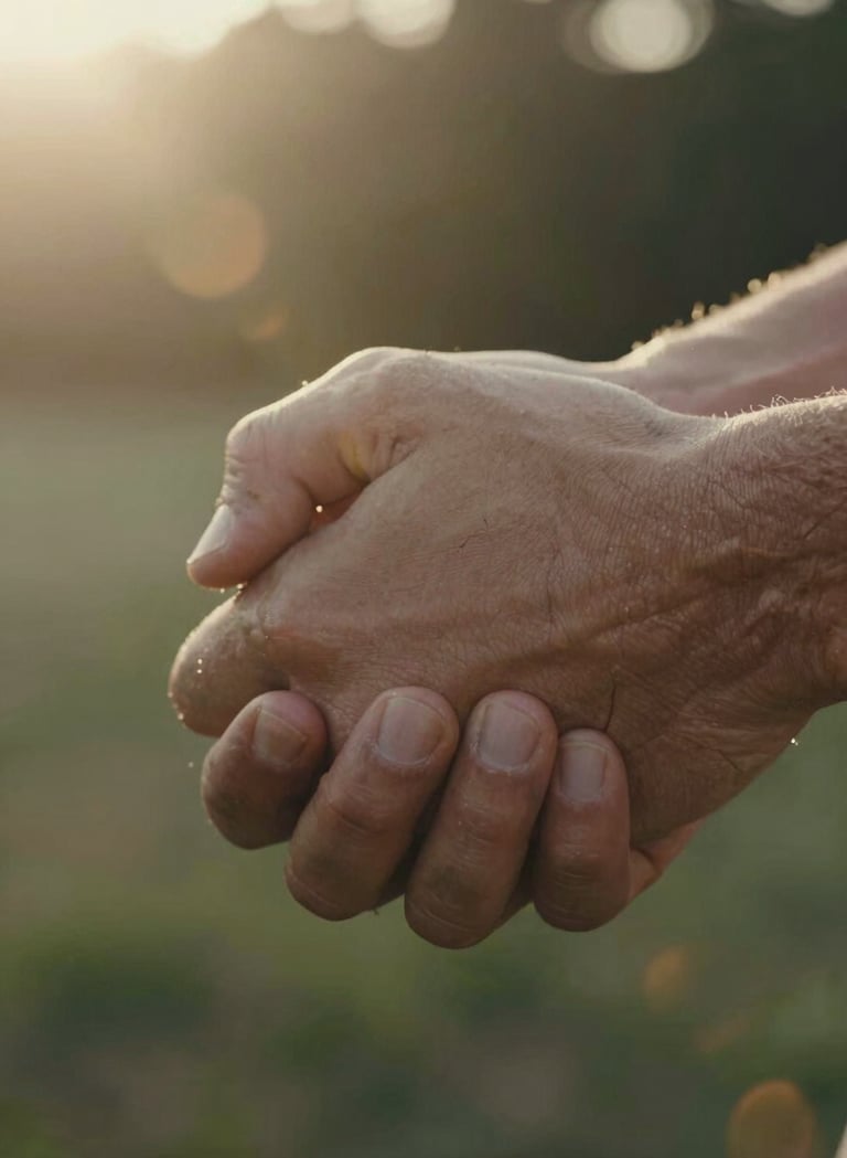 A cinematic close-up of two hands holding tightly in a North American outdoor setting. A warm sun-drenched lens flare illuminates the scene, highlighting the authentic texture and cinematic storytelling mood.