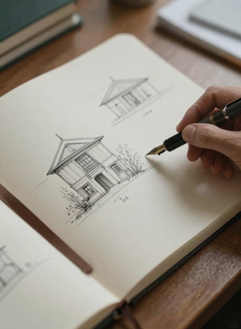 A close-up, top-down shot of a researcher's workspace. A sketchbook with soft sage colored paper is open, showing detailed architectural sketches. A dark charcoal fountain pen rests on the page. The lighting is soft and intellectual, suggesting deep study.