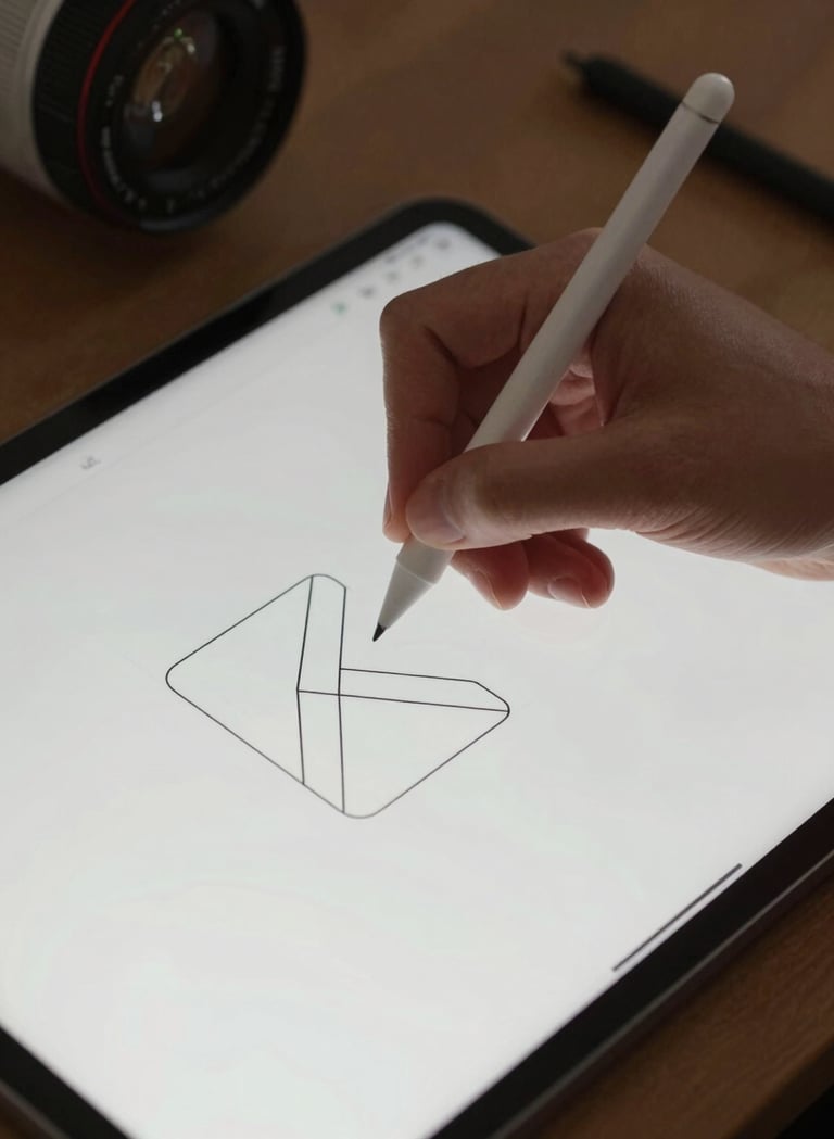 A close-up shot of a designer's hand using a precision stylus on a digital tablet in an International / Western studio setting. The screen shows the drafting of a minimalist logo using clean geometric lines.