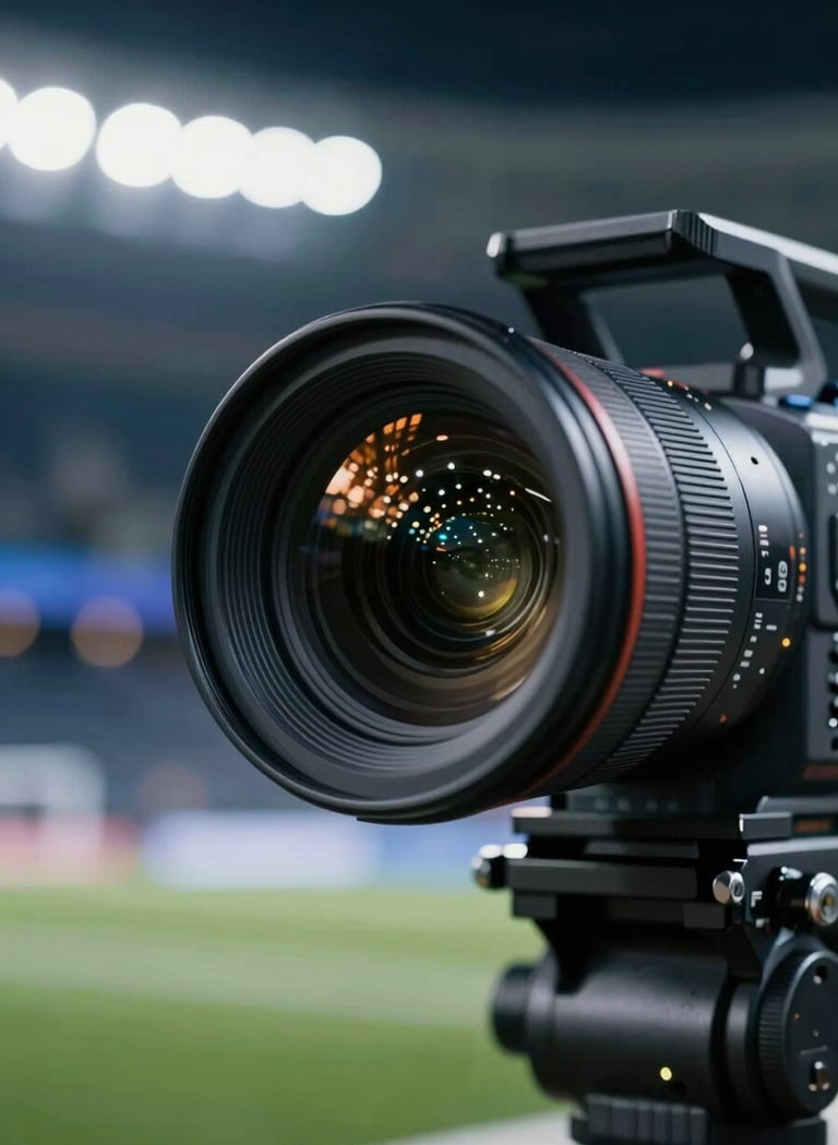 Close-up of a high-end broadcast camera lens reflecting the bright lights of a sports arena. Sharp focus on the glass, with a blurred background of stadium seating. Sophisticated lighting in shades of #4A6075.