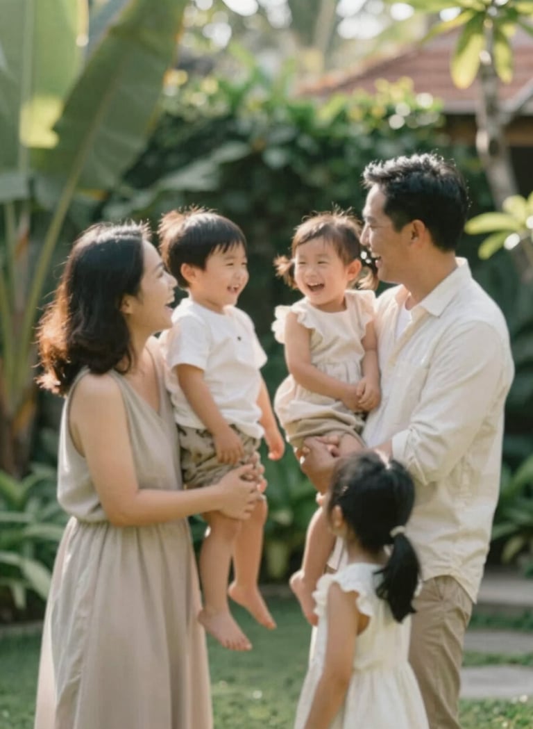 A family laughing together in a sun-drenched Bali garden, the light is soft and warm, capturing authentic joy. Minimalist composition with natural textures in shades of #C8B6A6 and #F8F5EF.