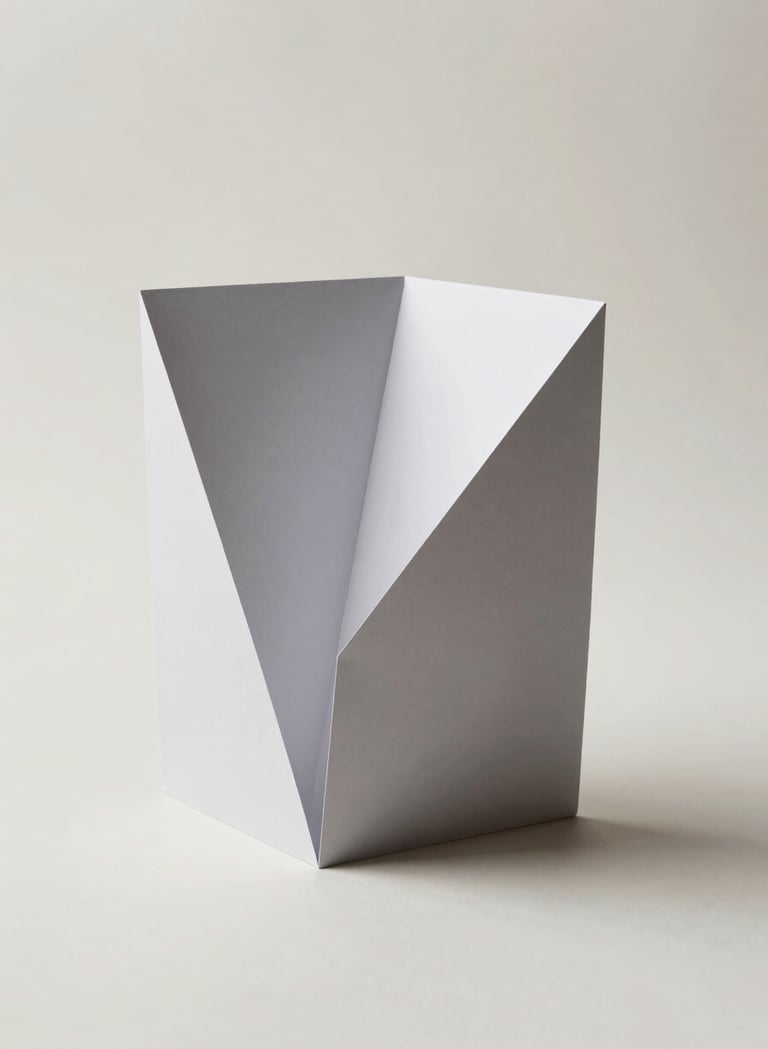 A minimalist photography study of a paper sculpture with sharp, geometric folds, soft gray shadows against an off-white background, editorial lighting, Global / Contemporary Art.
