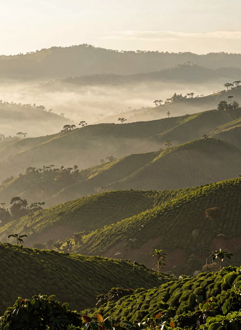 A wide, atmospheric shot of misty South American mountains at dawn, where sprawling coffee plantations cover the rolling hills in shades of forest green and cream fog, soft and sophisticated lighting.